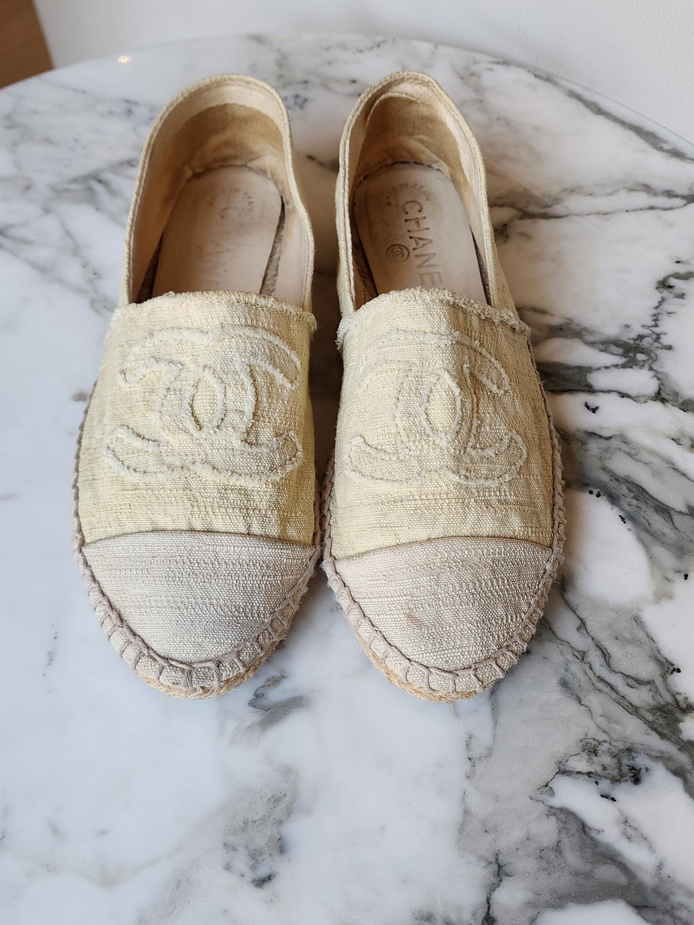 Chanel Beige And Yellow CC Canvas Espadrilles - Women's Slip-On Flats Size 40